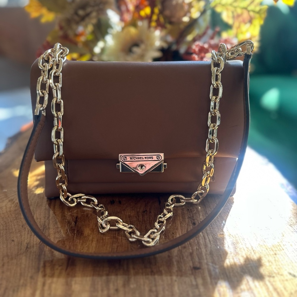 Michael Kors Chocolate Leather Bag with Gold Chain